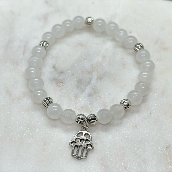 White Jade Natural Gemstone Bracelet - Hamsa Charm Bracelet - Picture 3 of 3